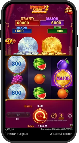 Gameplay actif de Fortune Coins 2 montrant les rouleaux et les combinaisons gagnantes