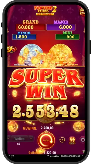Super Win Bildschirm mit großer Auszahlung in Fortune Coins 2